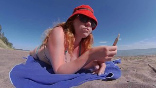 Ginger Redhead Milf Smoking Iqos Cigarette in Swimsuit on the Beach