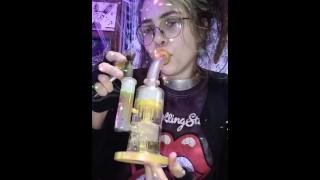 Hippie Chick Smoking Double Perc Bong