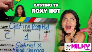 Two cocks in Roxy Hot's mouth and pussy